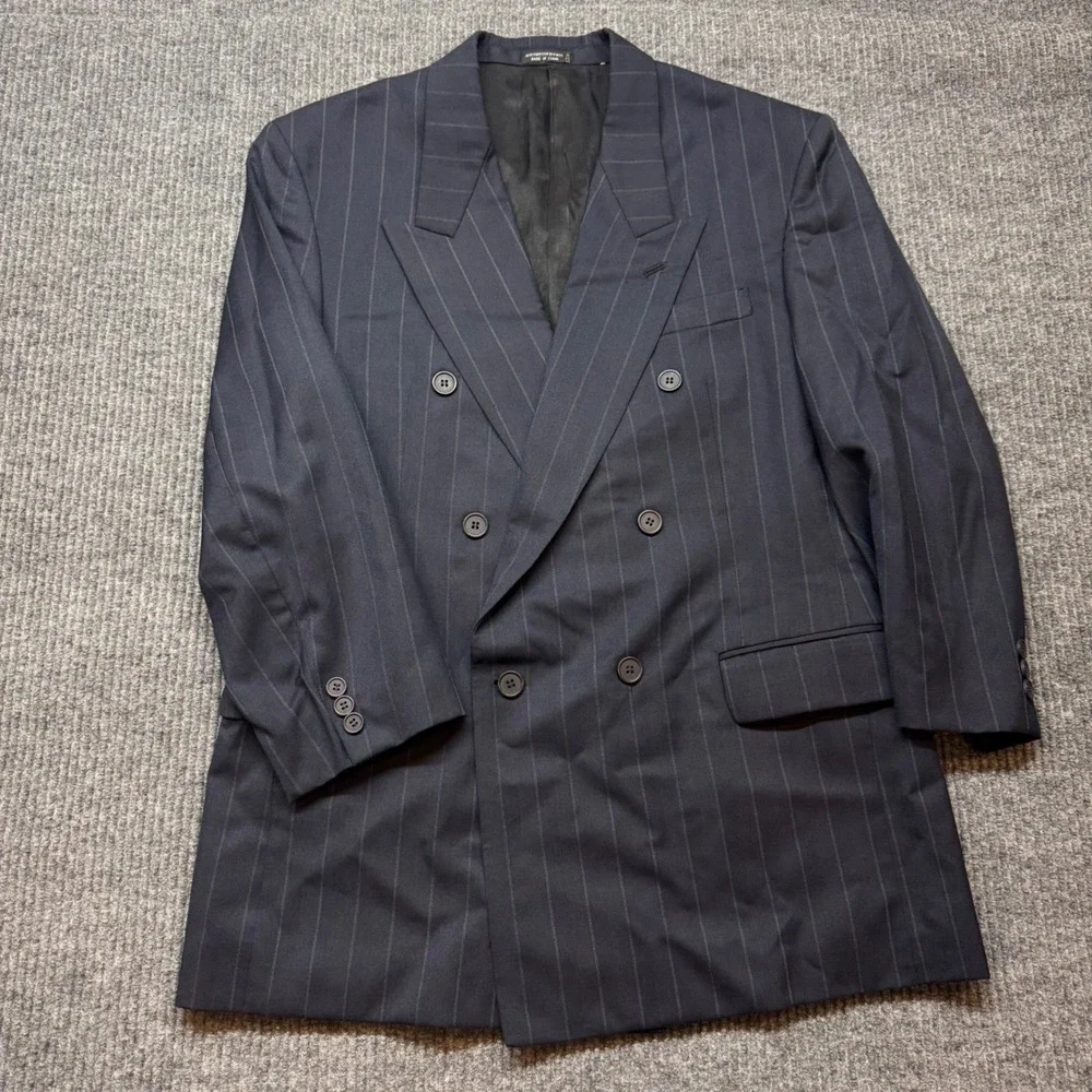 GGG Clothes Double Breasted Blazer Mens Navy Pinstripe Wool Blend Jacket